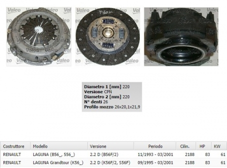 KIT FRIZIONE RENAULT LAGUNA 2.2 D DAL 1995 AL 2001 VALEO