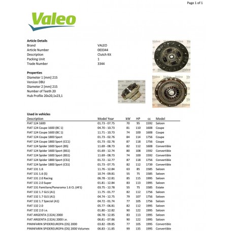 003344 - KIT FRIZIONE FIAT 124-131-132 FIAT ARGENTA 2.0 IE